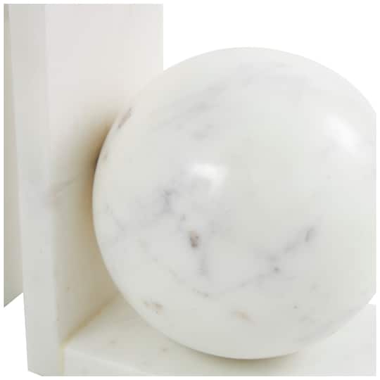 7" White Marble Sleek Orb Geometric Bookends with L-Shaped Bases Set